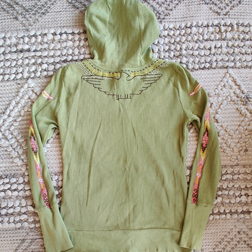 VINTAGE 90s FREE PEOPLE EMBROIDERED THERMAL ZIP HOODIE In Green Size Medium - Picture 3 of 6
